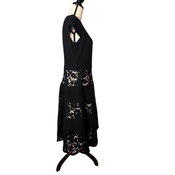 French Luxe Women's Lace Cap Sleeve Black Midi Dress 10 Fully Lined Back Zipper - Picture 4 of 6